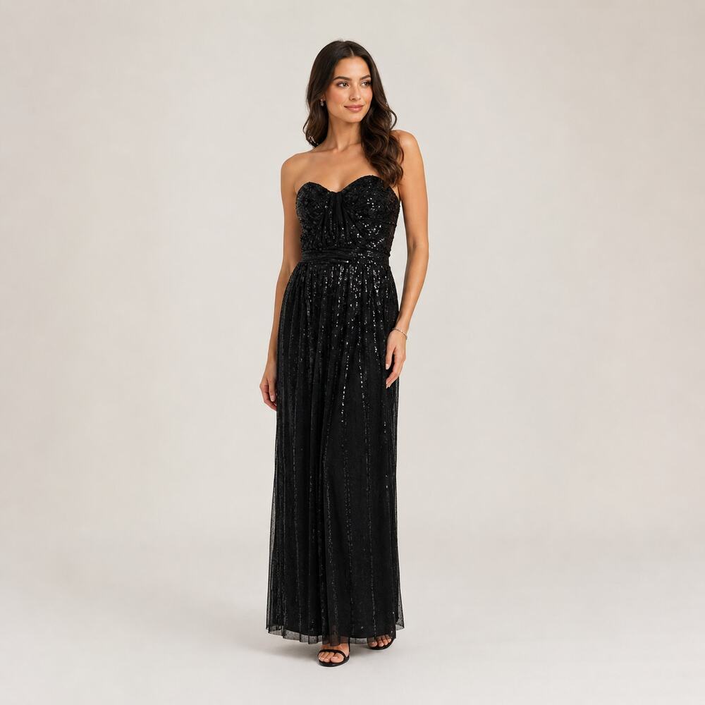 Badgley Mischka Black Sequin Gown Maxi Strapless Size 2 Prom Cocktail Goth